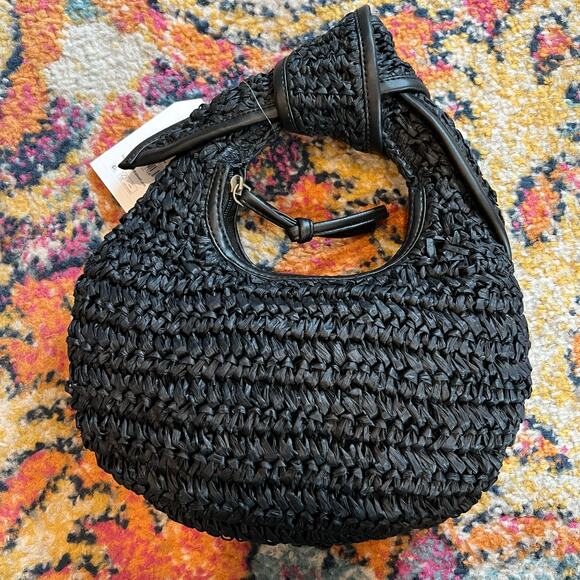 Top Knot Mini Crescent Hand Bag in Black Raffia Straw Summer Boho Purse - Picture 1 of 10